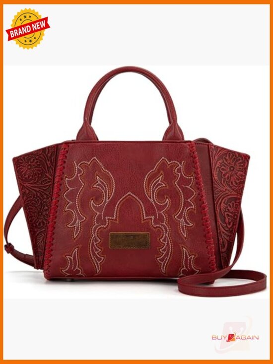 Handbags - Western Embroidered Tote Bag with Crossbody Strap Faux Leather Top Handle
